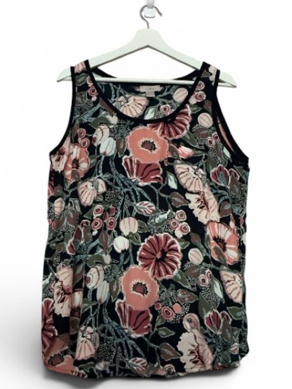 LOFT Deep Navy Floral Tank Top with Coral and Green Print